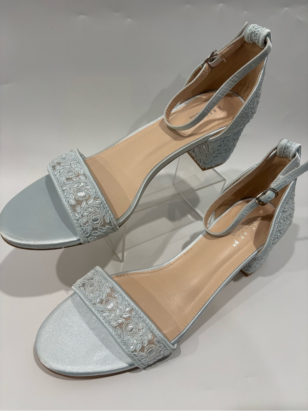 Light Blue Embroidered Block Heel Sandals with Ankle Strap